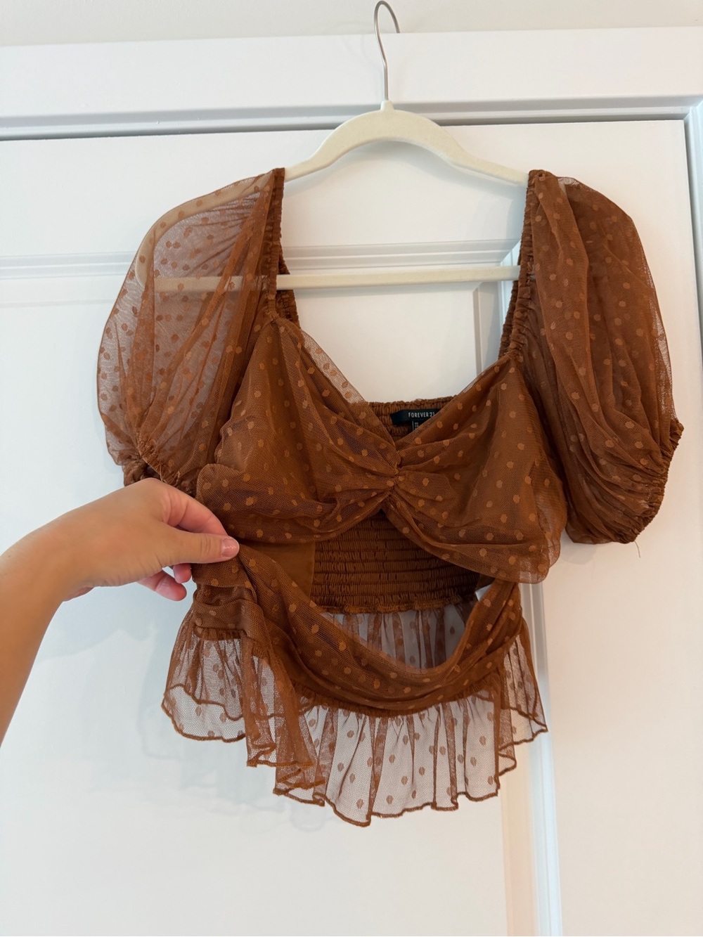 Forever 21 Sheer Brown Polka Dot Puff Sleeve Crop Top